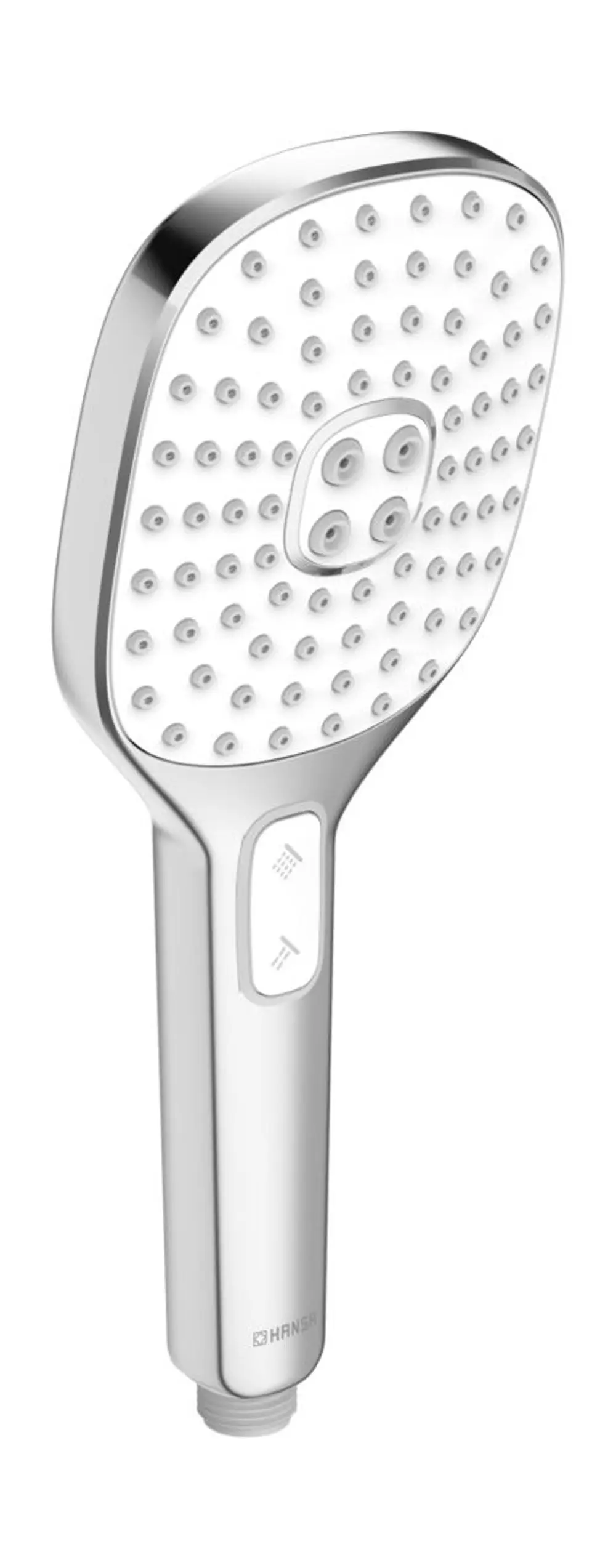 Handbrause mit drei Strahlarten, verchromt, rechteckiger Kopf mit zahlreichen Düsen, und einem ergonomischen Griff. Hersteller ist HANSA.